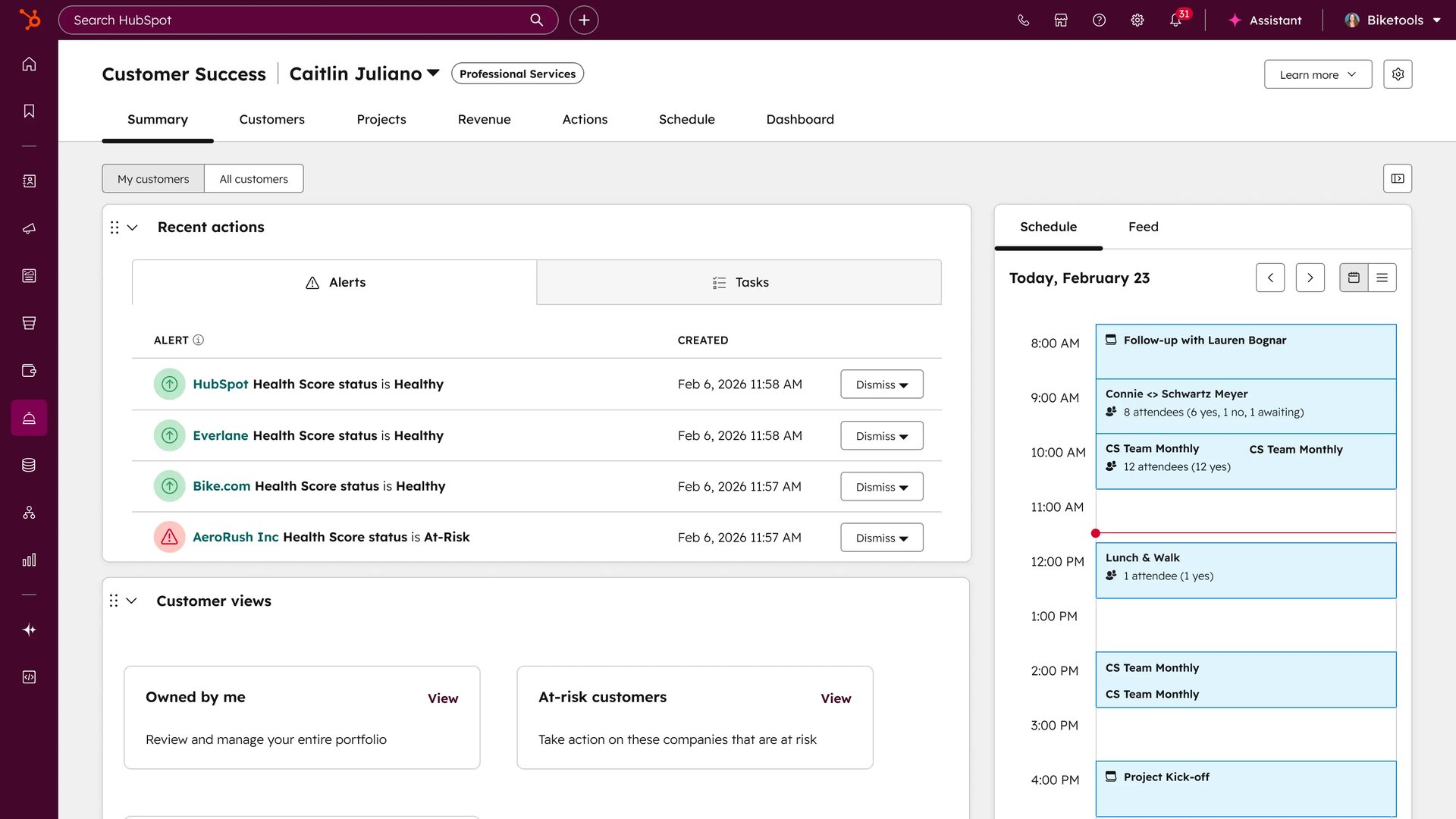 Customer success workspace showing recent actions, customer views, and today's schedule.