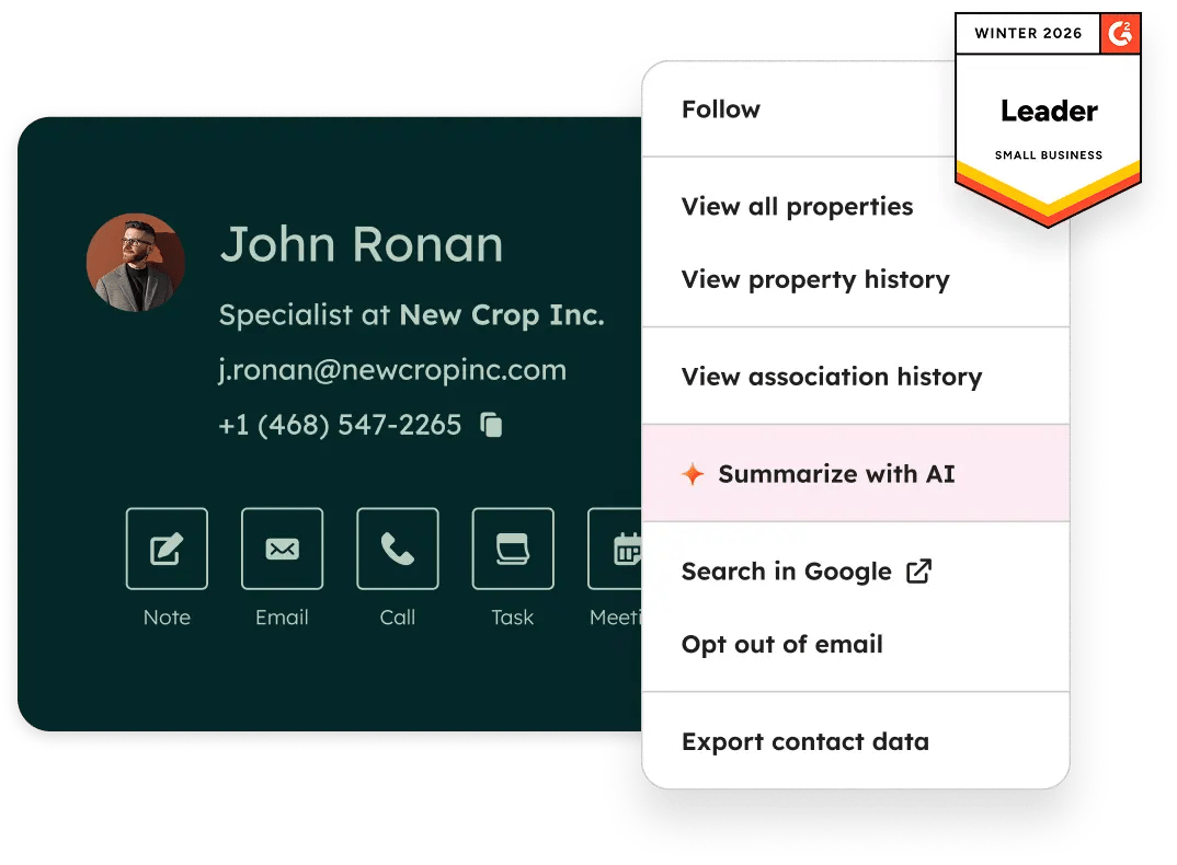 A contact record card in HubSpot showing contact information, and various actions that can be taken, like calling, emailing, note-taking, viewing property history, and summarizing with AI. Also shows that HubSpot CRM is a G2 award winner as a grid leader for small business in winter 2026.