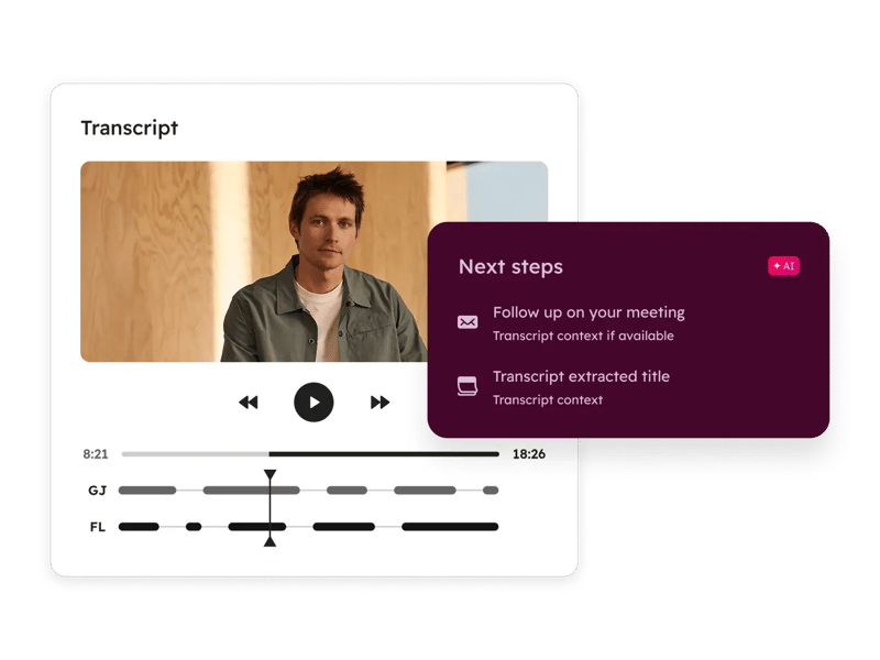 AI Meeting Assistant screen showing meeting recording and transcript along with next steps.