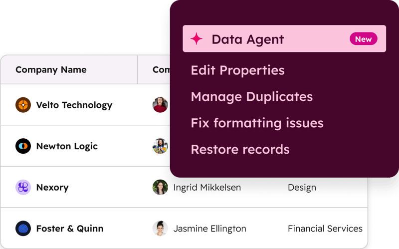 Breeze Data Agent showing options to edit properties, manage duplicates, fix formatting issues, and restore records.
