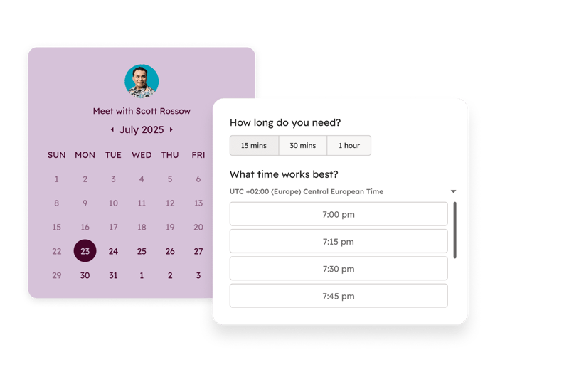 Meeting scheduling feature shows open times on rep calendars so prospect can choose a time that works for them.