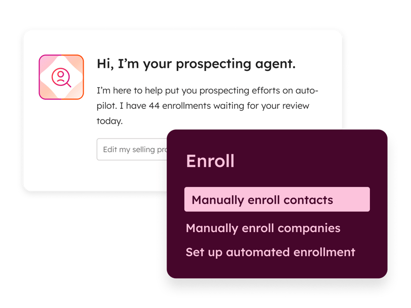 Sales Hub prospecting agent showing contact enrollment options