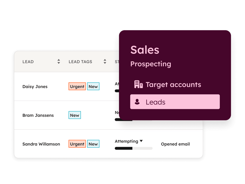 Sales Hub lead management feature showing sales prospecting leads